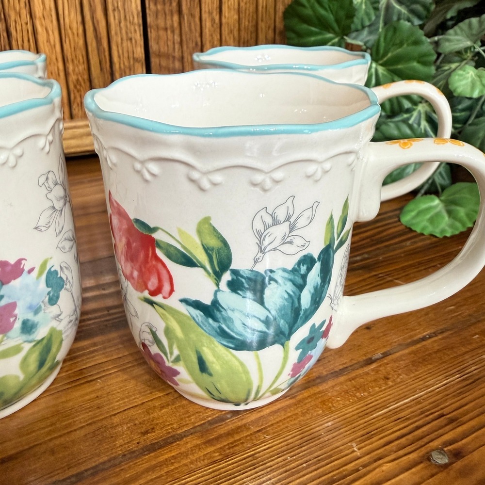 Pioneer Woman Blooming Bouquet Mugs Set of 4 Multicolor Floral Stoneware - Picture 4 of 8